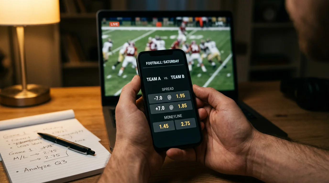 Pantalla de operador mostrando mercados de apuestas NCAA football con spread y moneyline